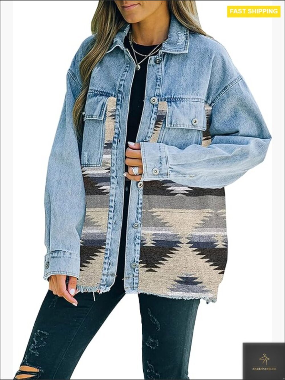 Vintage Distressed Aztec Denim Jacket Button Down Shacket Oversized Long Sleeve - Picture 1 of 7